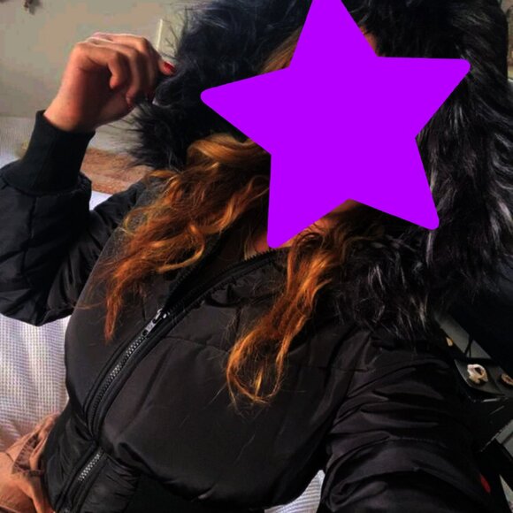 crop black winter coat with faux fur hood XS - Picture 2 of 5